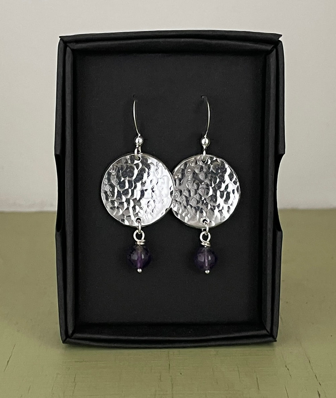 Hammered Disc Earrings with Purple Beads