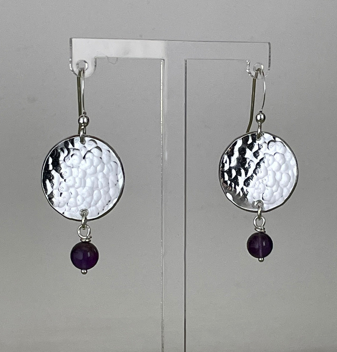 Hammered Disc Earrings with Purple Beads