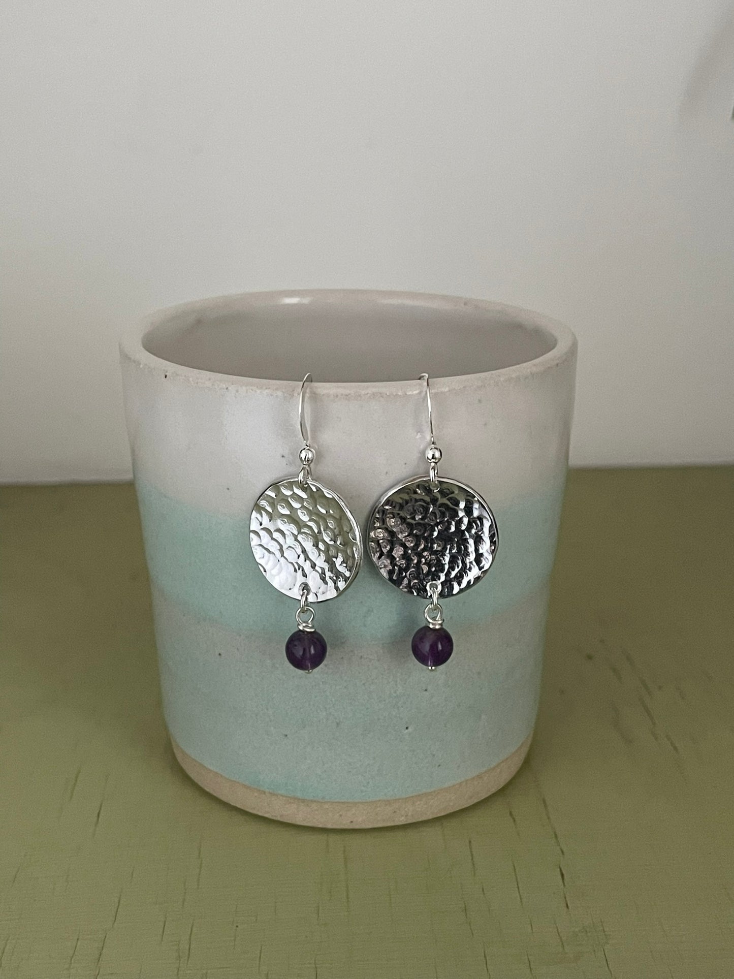 Hammered Disc Earrings with Purple Beads